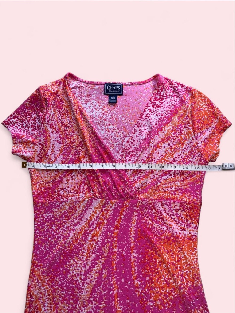 Y2K 2000s Style Chap’s Classics Abstract Pink & Orange V-Neck Faux Wrap Top - Picture 6 of 7